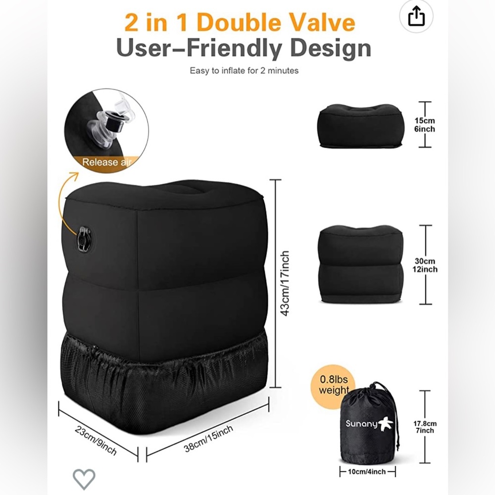 Sunany inflatable foot rest for cars or airplanes.